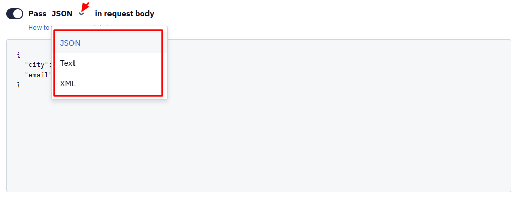 Create webhook window with the request body format dropdown open, showing JSON, Text, and XML options