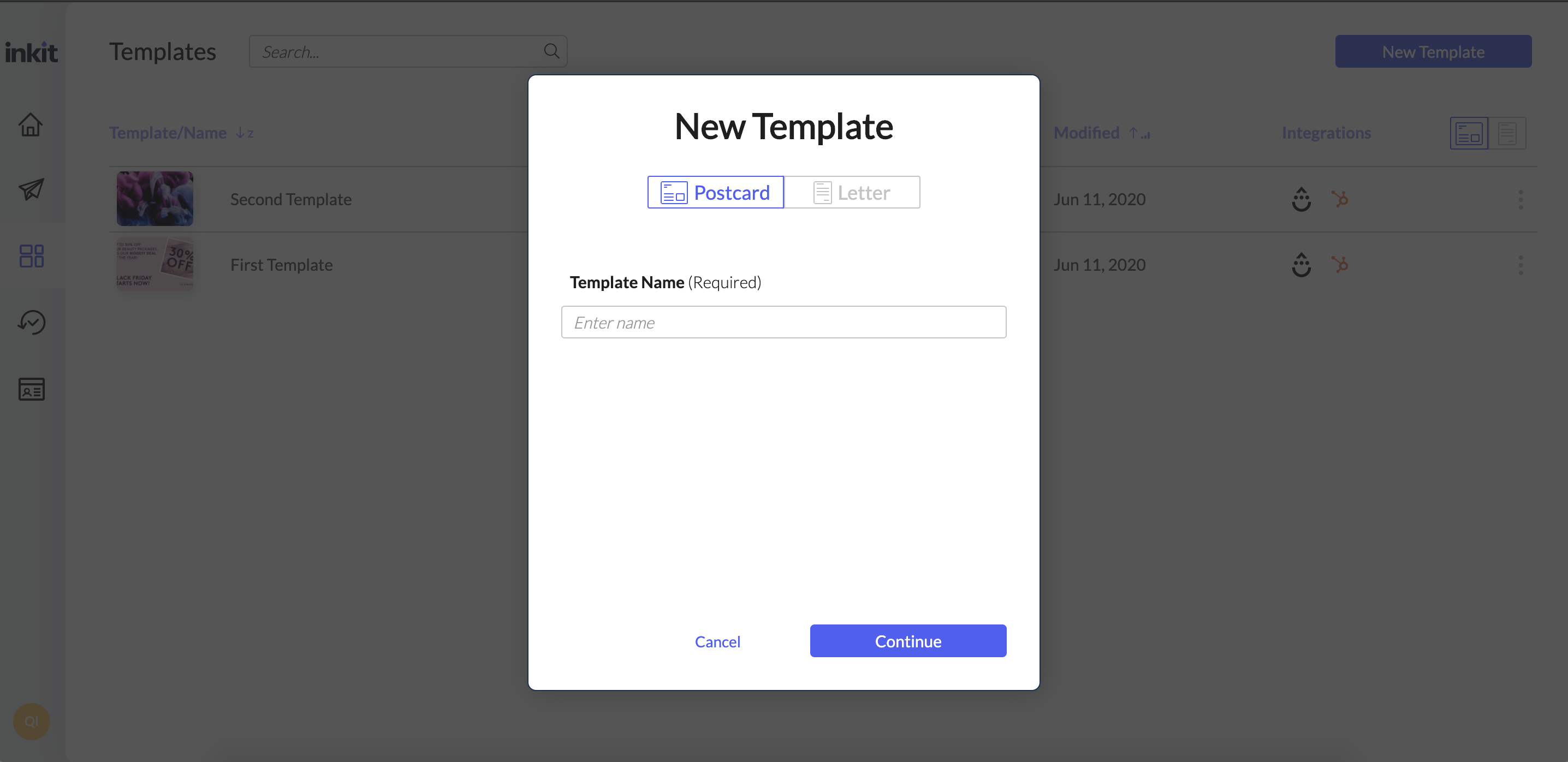 create template modal