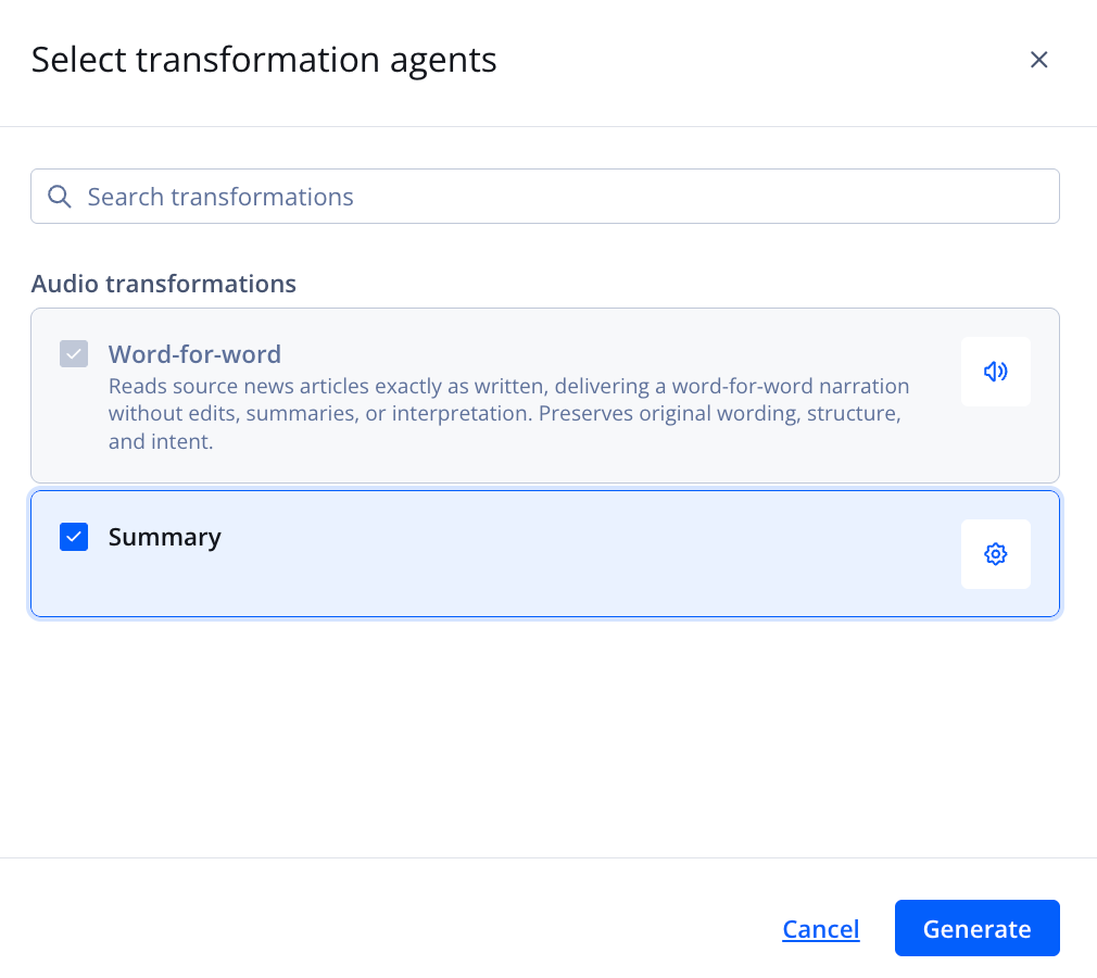 Select transformation agents panel