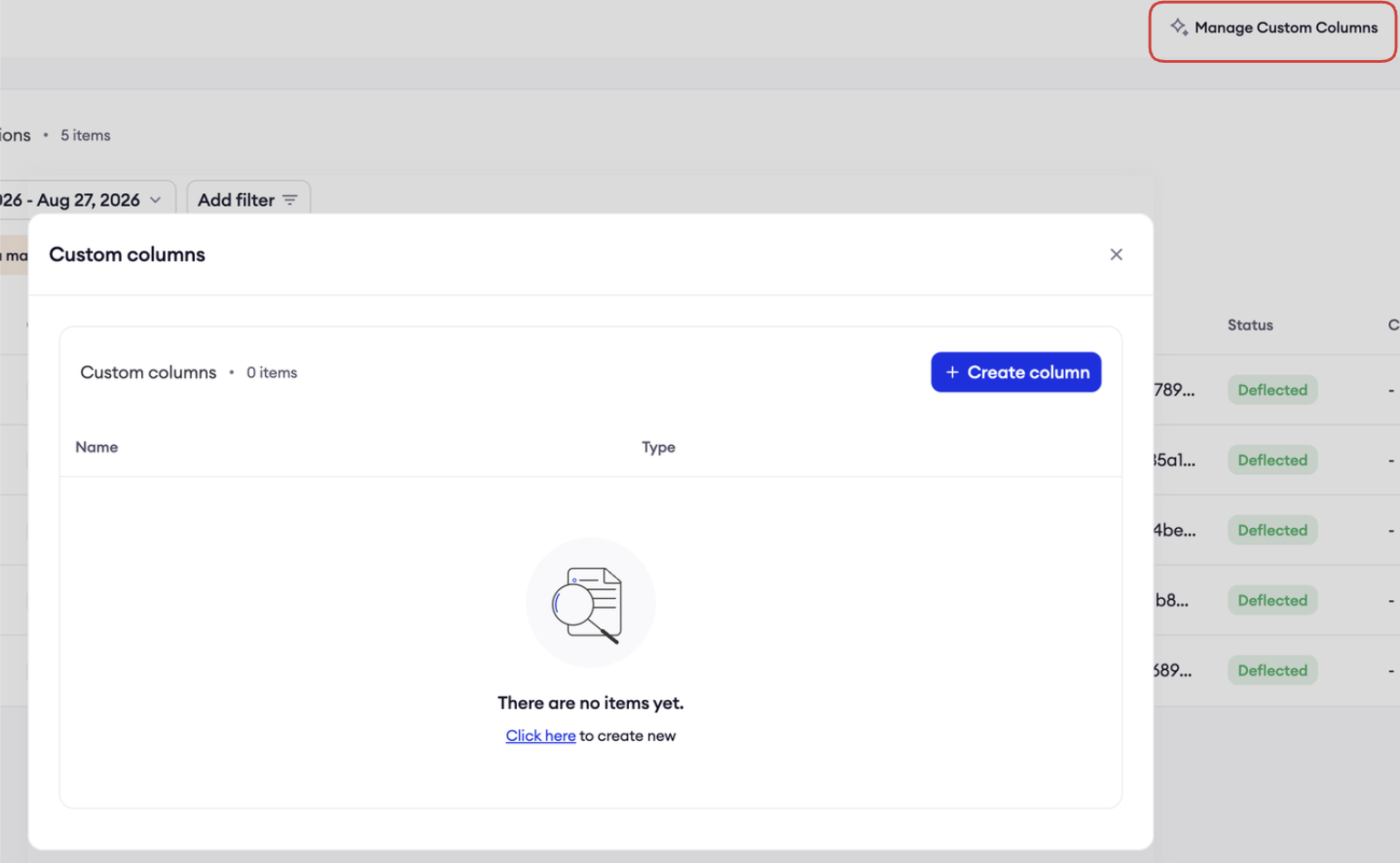 Custom Columns settings with the Create column button