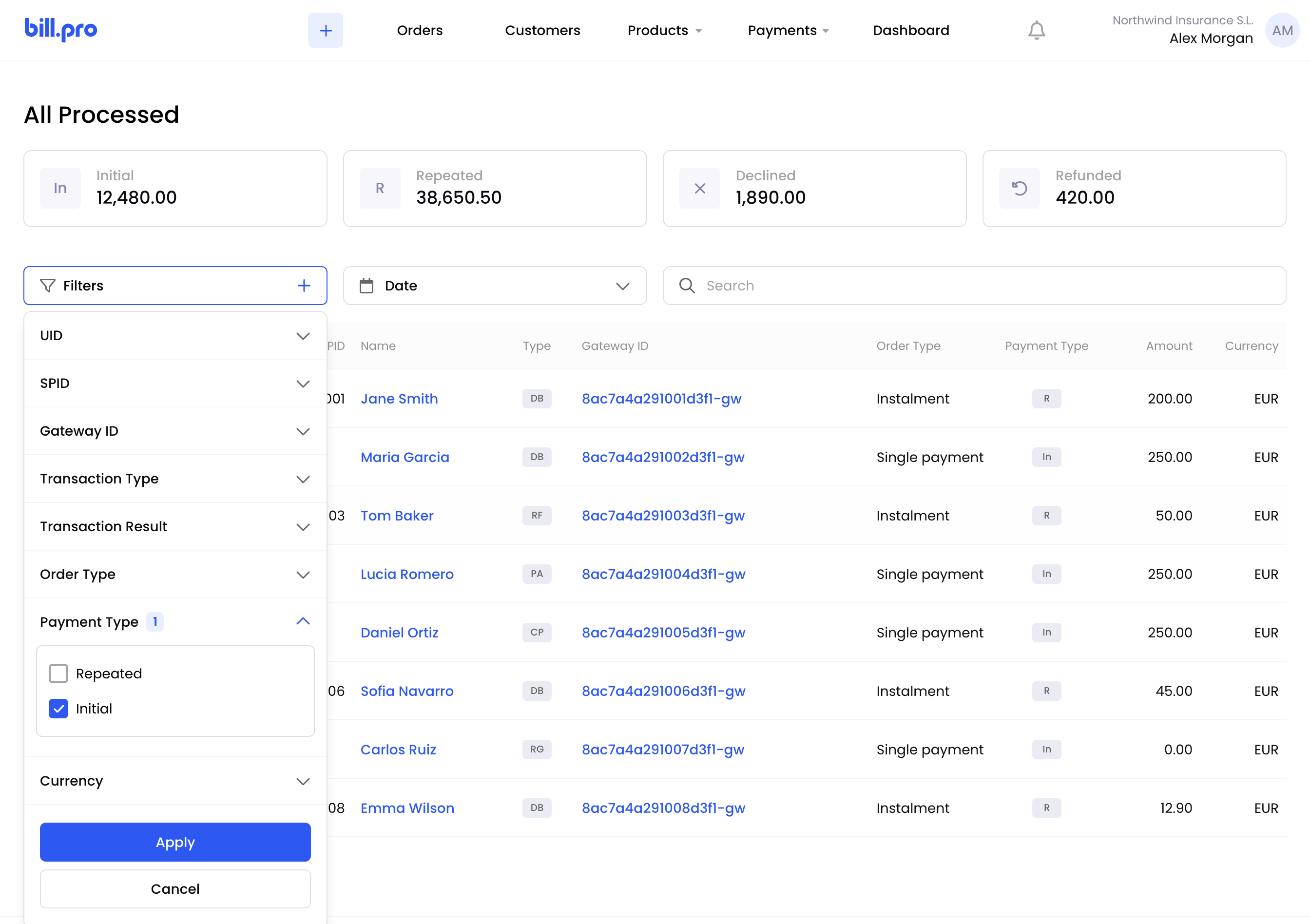The Filters menu with Payment Type Initial selected