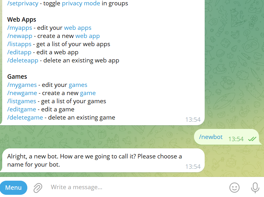 Screenshot with adding a Telegram bot in BotFather