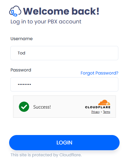 Screenshot with the Login page