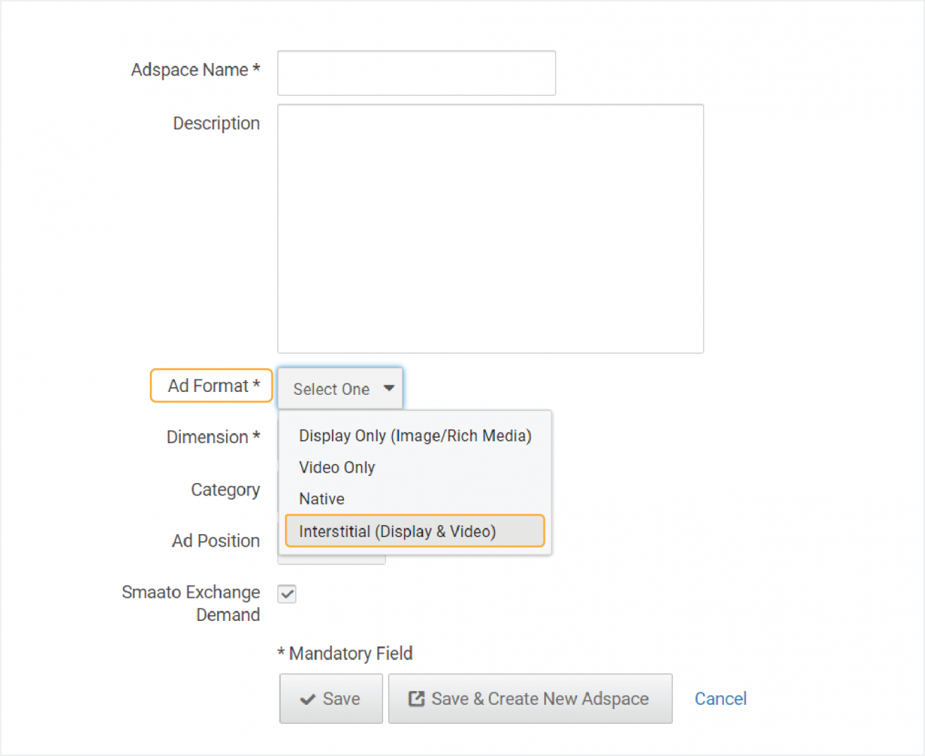 **Figure 1:Ad Format dropdown selection**