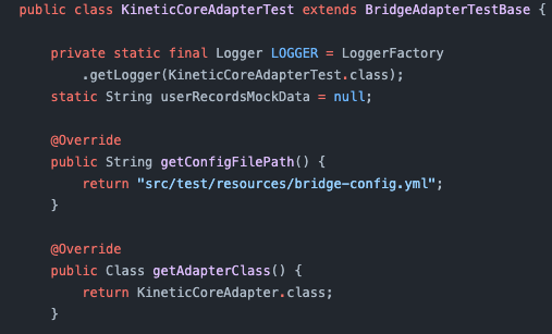 Snippet of the Kinetic Data Platform Bridge Adapter jUnit file.