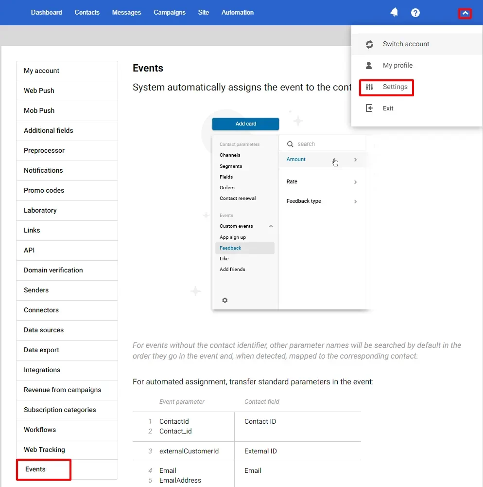 Setting event parameters