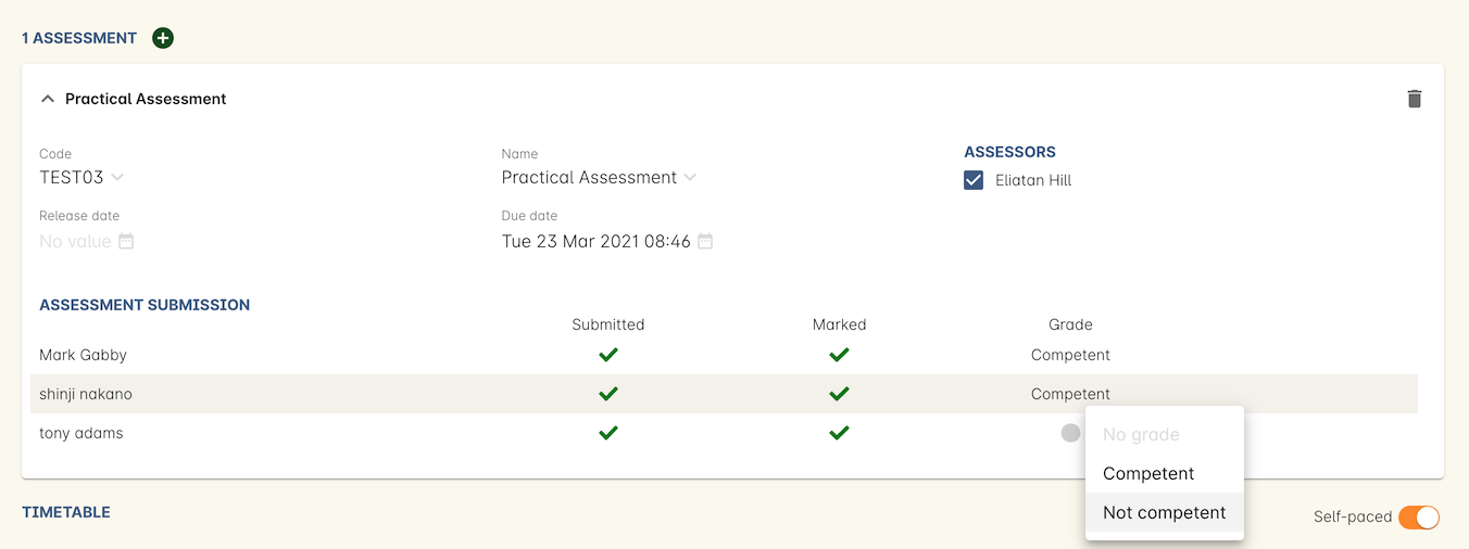 Figure 416. Click here to set a date and bulk set the outcome end date for this class