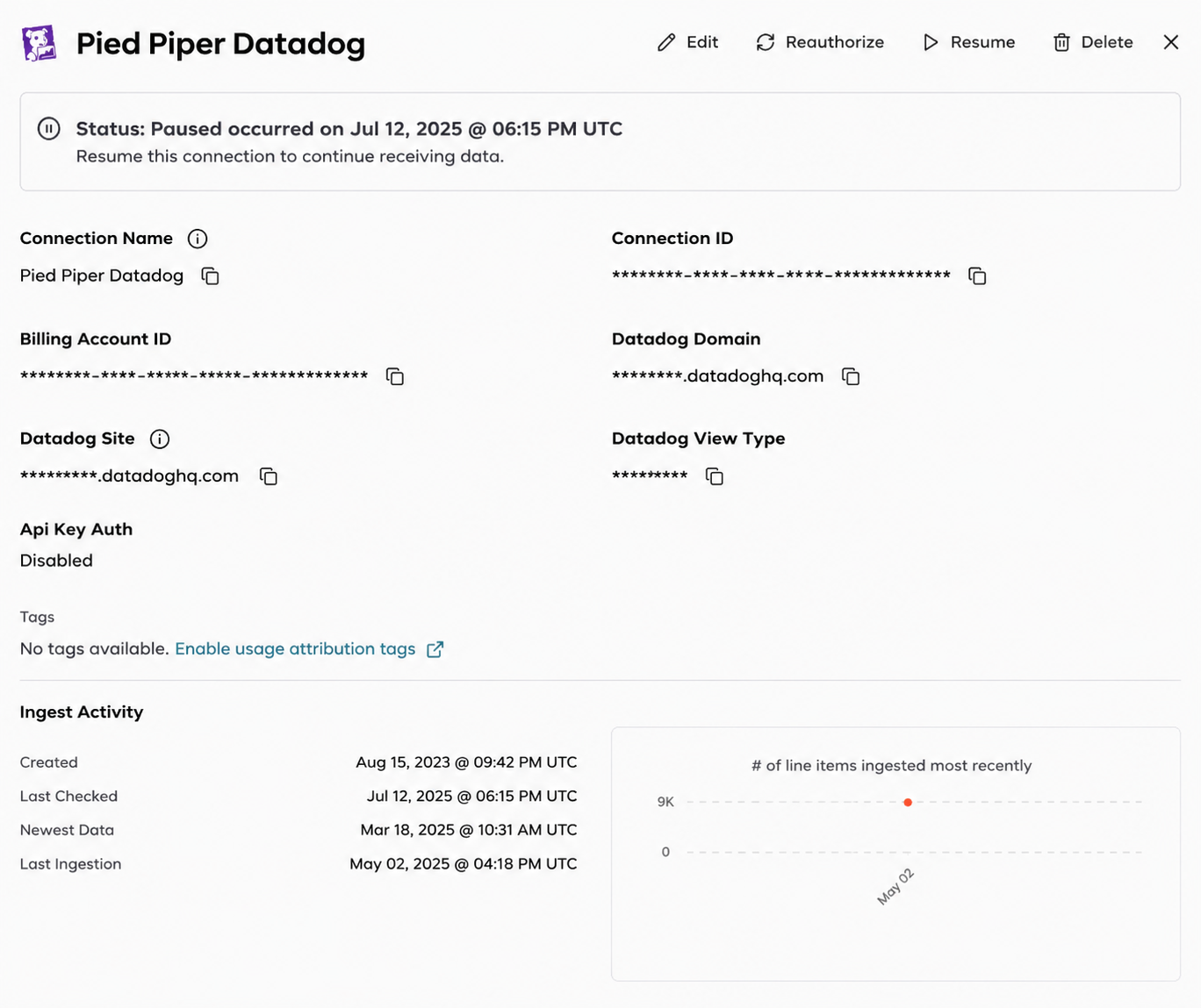 Datadog connection detail page showing the Reauthorize option