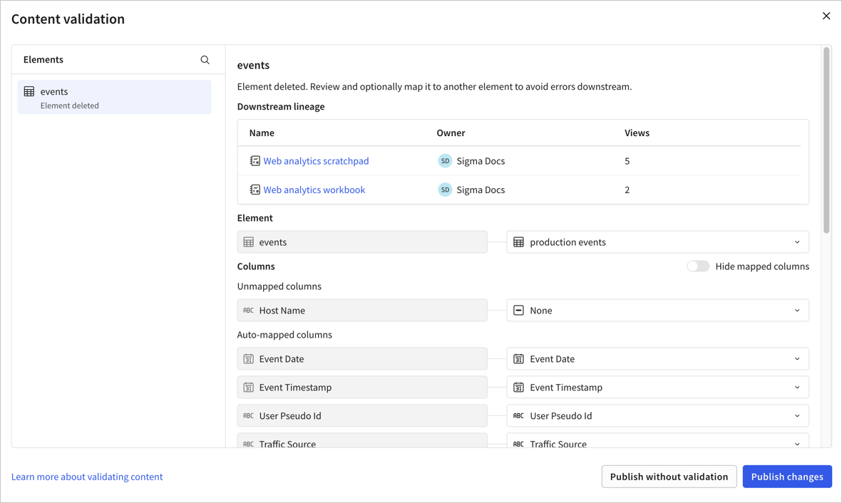 Content validation modal showing an events table that has been deleted, with the downstream lineage showing a Web analytics scratchpad and a Web analytics workbook as affected documents. The deleted events element is mapped to the production events element. A column that was different between the two elements, Host Name in the events element is mapped to None. The remaining columns are listed as Auto-mapped columns.