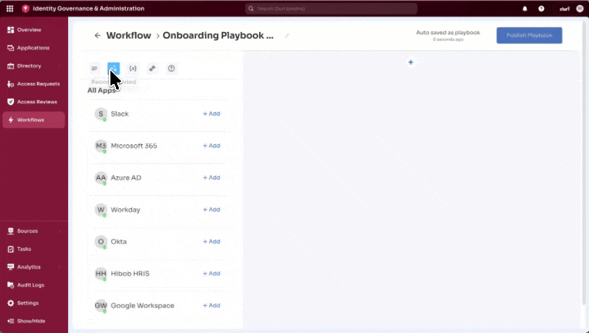 GIF demonstrating process of adding applications from control panel and workflow canvas to create a Playbook.