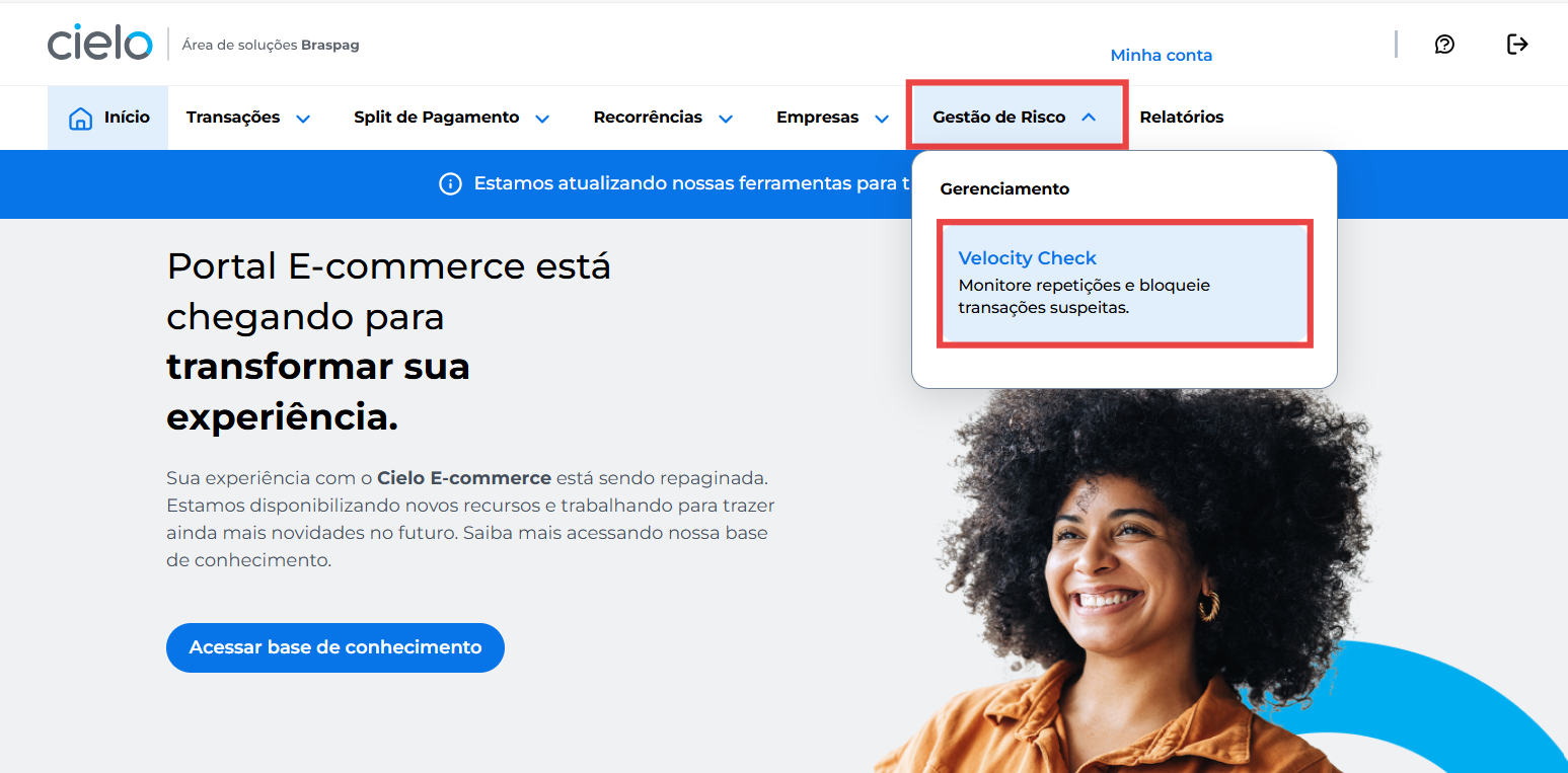 Menu Gestão de Risco, depois em Velocity