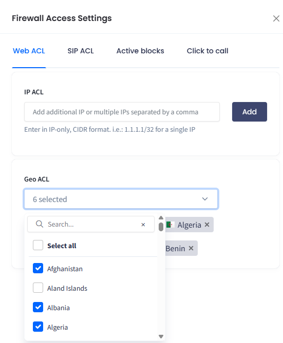 Screenshot of setting geo ACL