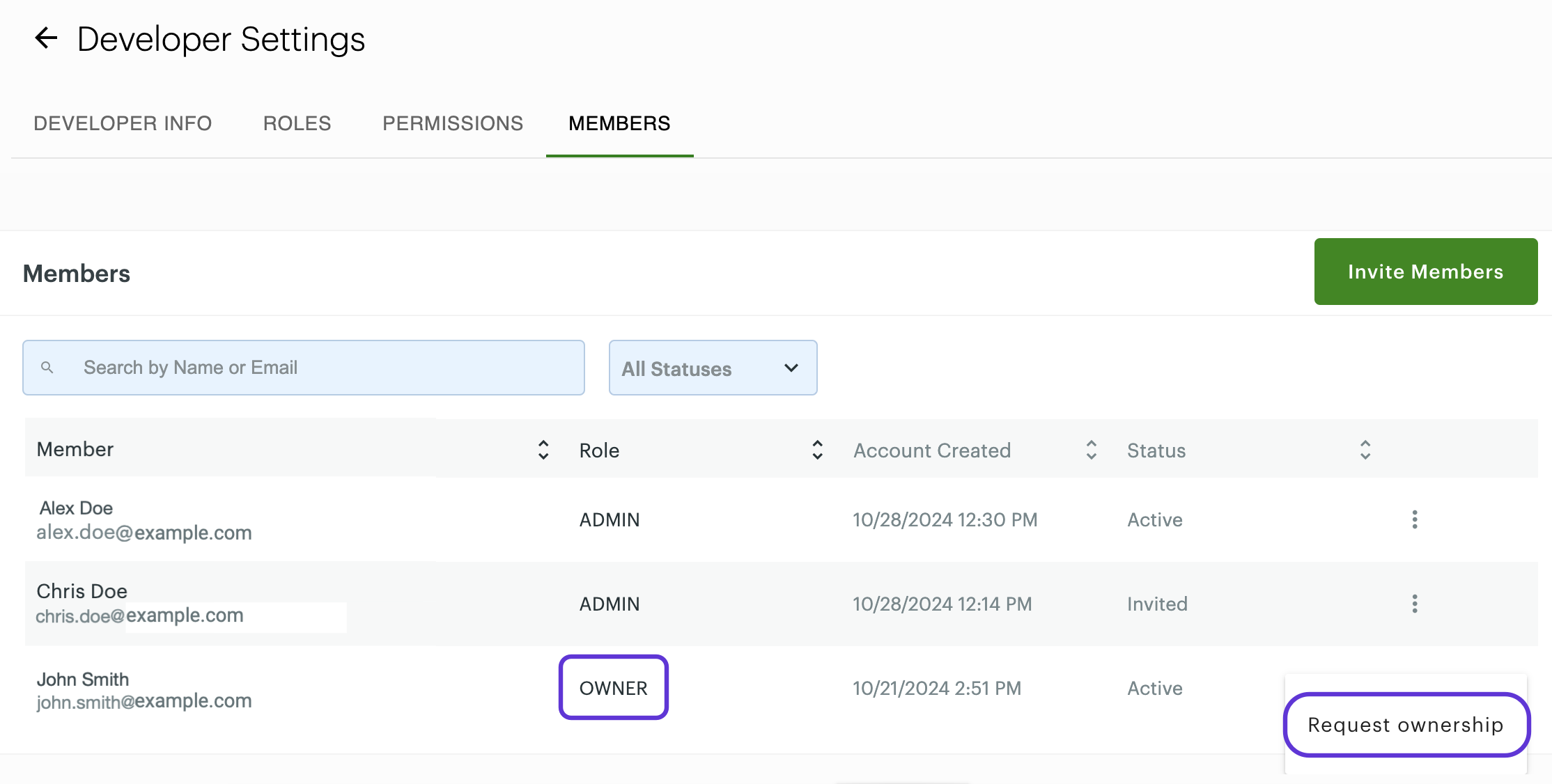 Developer Settings—Members tab: Request ownership