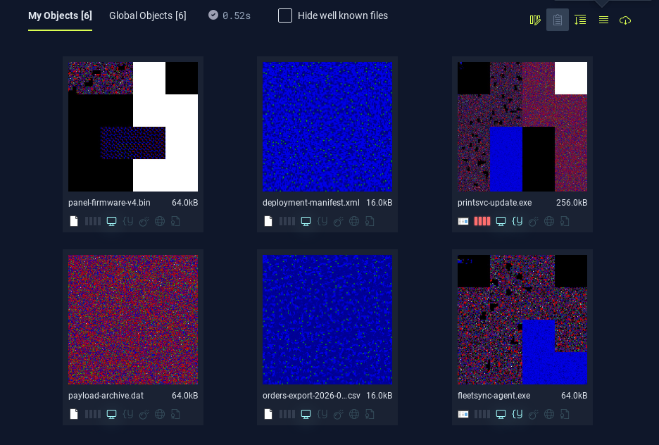 Stairwell search results in grid view, each file rendered as a binary image so visually similar files stand out side by side