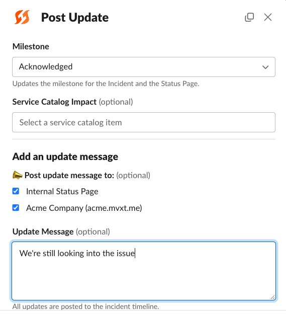 Using the `/fh update` modal to post an incident update that also propagates to selected status pages