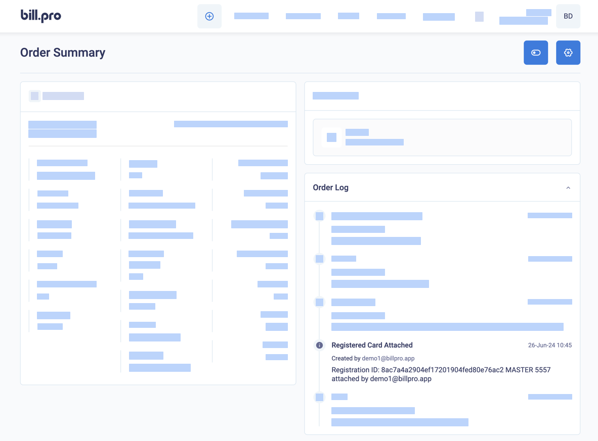 Card registration in the order log 