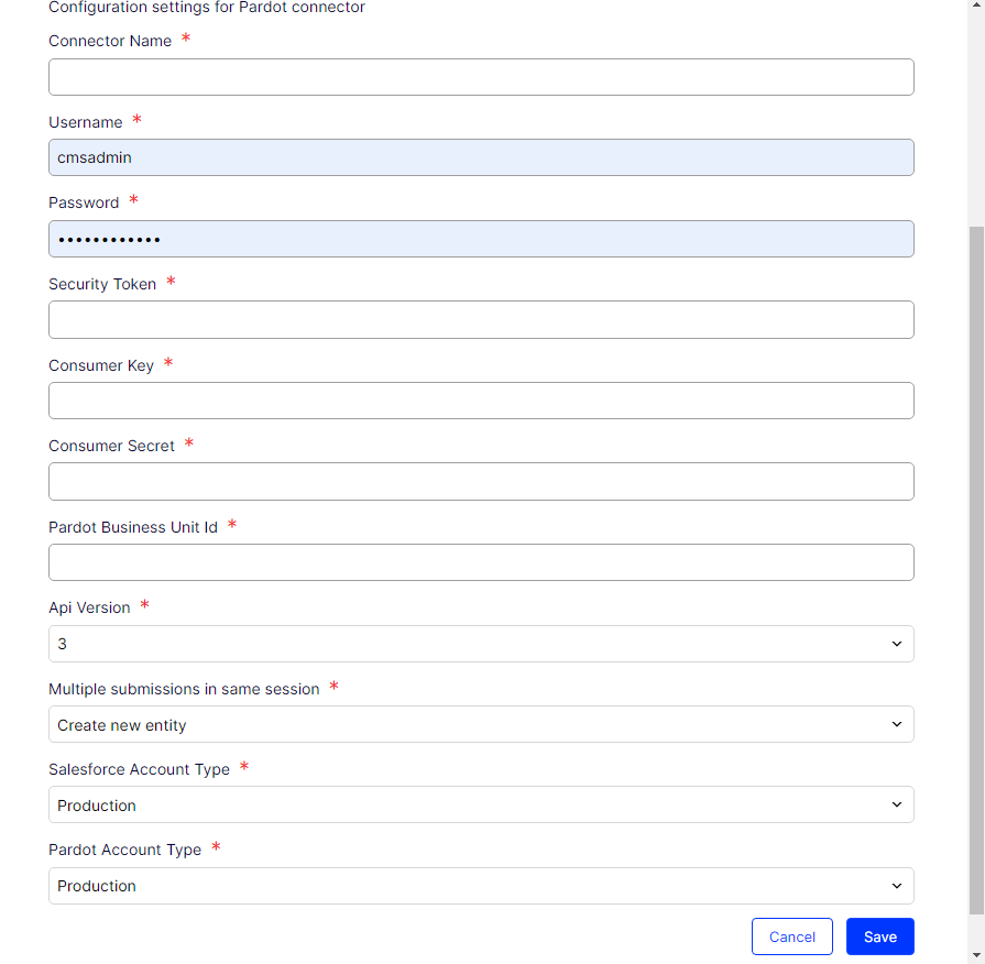 Screenshot of the Pardot connector configuration settings where entering Salesforce and Pardot account credentials
