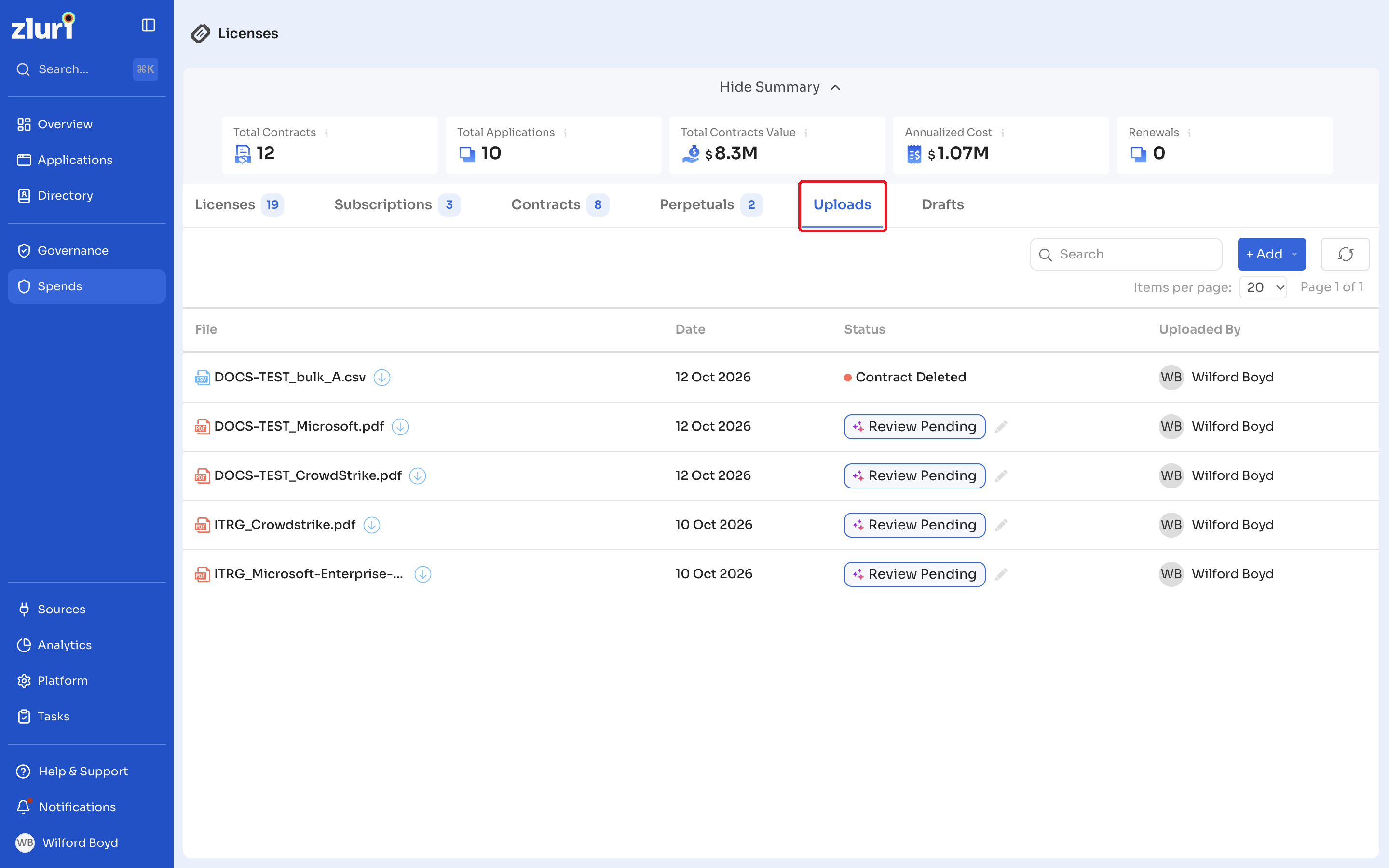 Uploads tab with files in different statuses