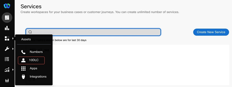 Screenshot of navigating to Assets>10DLC page.