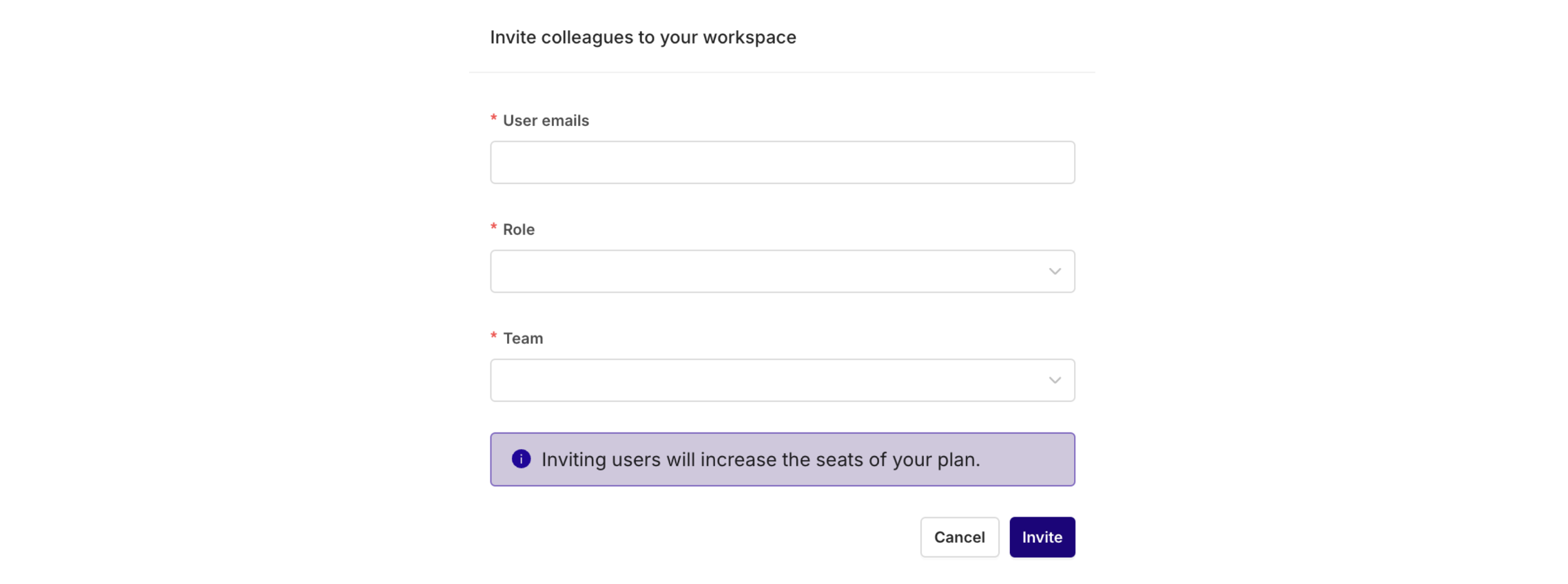 Here you can enter the member emails, role and team, this can be updated later on.