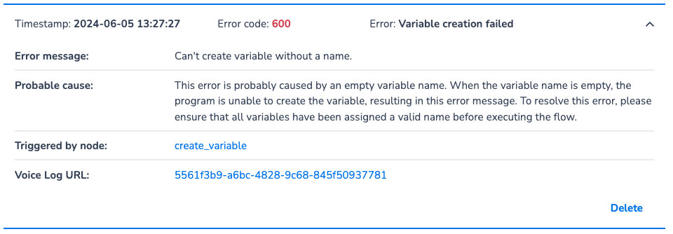 Example of an execution error thrown because the variable name field was not filled in the [Create variable](doc:create-variable) block.