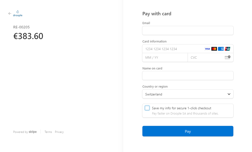 The Stripe payment page