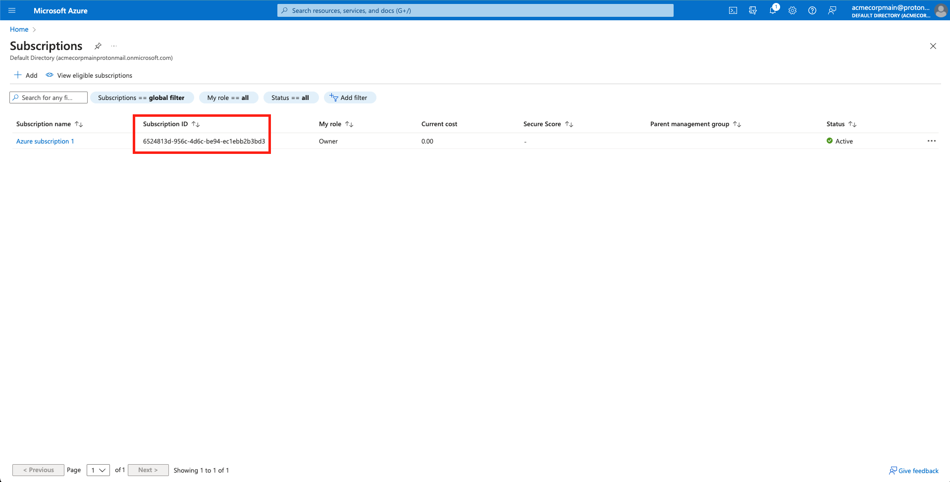 Copy the 'Subscription ID' from Azure