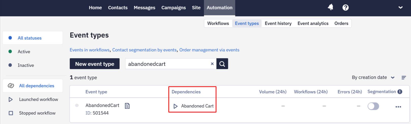 Launch configuration showing the linked event and workflow dependencies