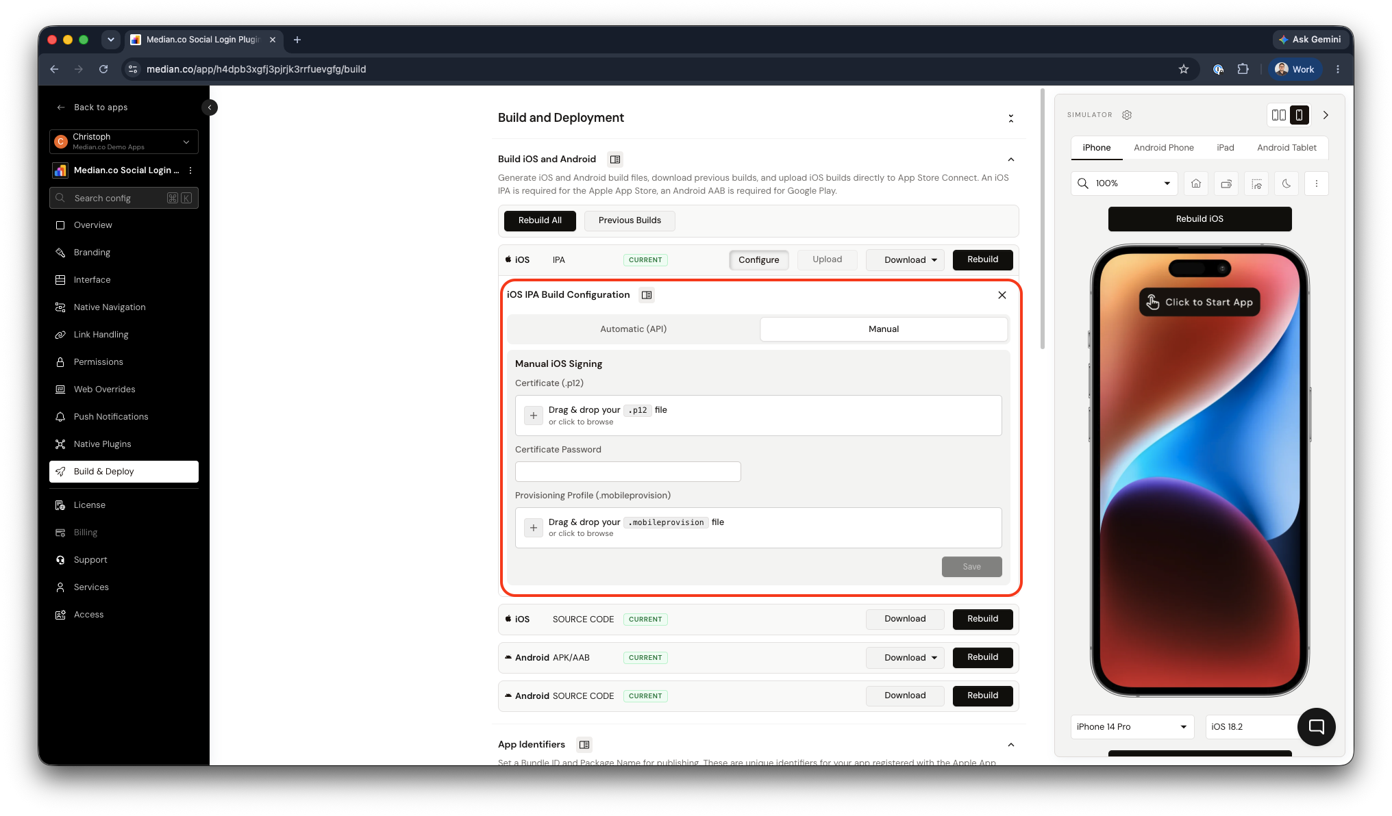 Configure iOS Signing via manual upload of certificate and provisioning profile