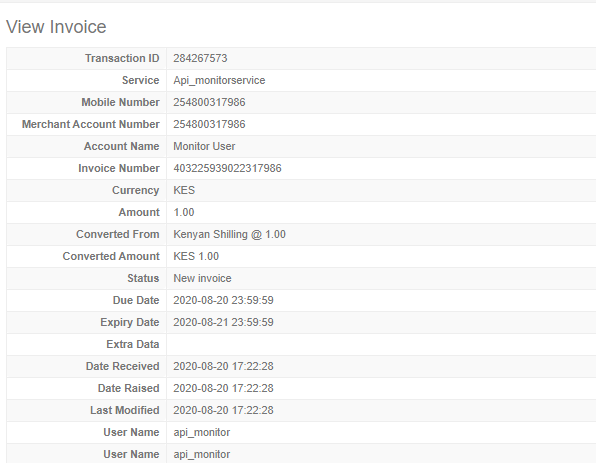 Detailed view of invoice
