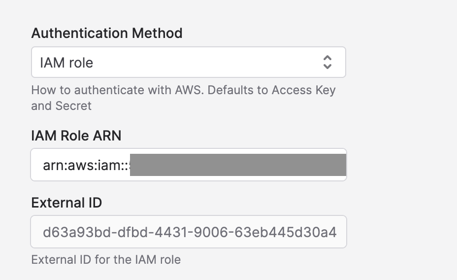 S3 connection details after saving, displaying the generated External ID.