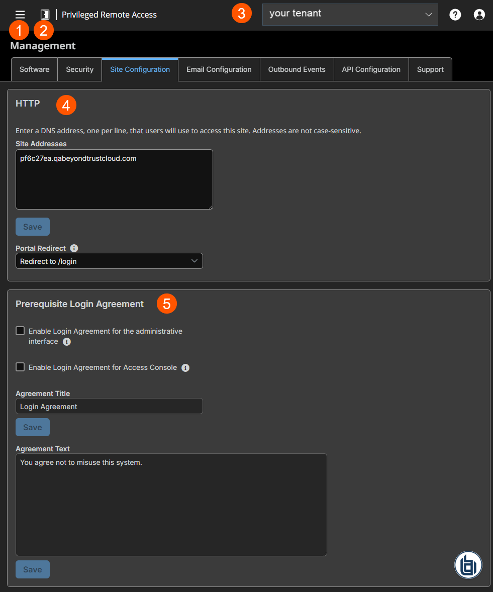 An image of the "Site Configuration" interface in a Privileged Remote Access system. It includes sections for HTTP settings—where DNS site addresses can be entered and a portal redirect option selected—and for Prerequisite Login Agreement settings, with checkboxes to enable agreements for the administrative interface and Access Console. Fields for entering an agreement title and text are also present, each with a corresponding "Save" button.