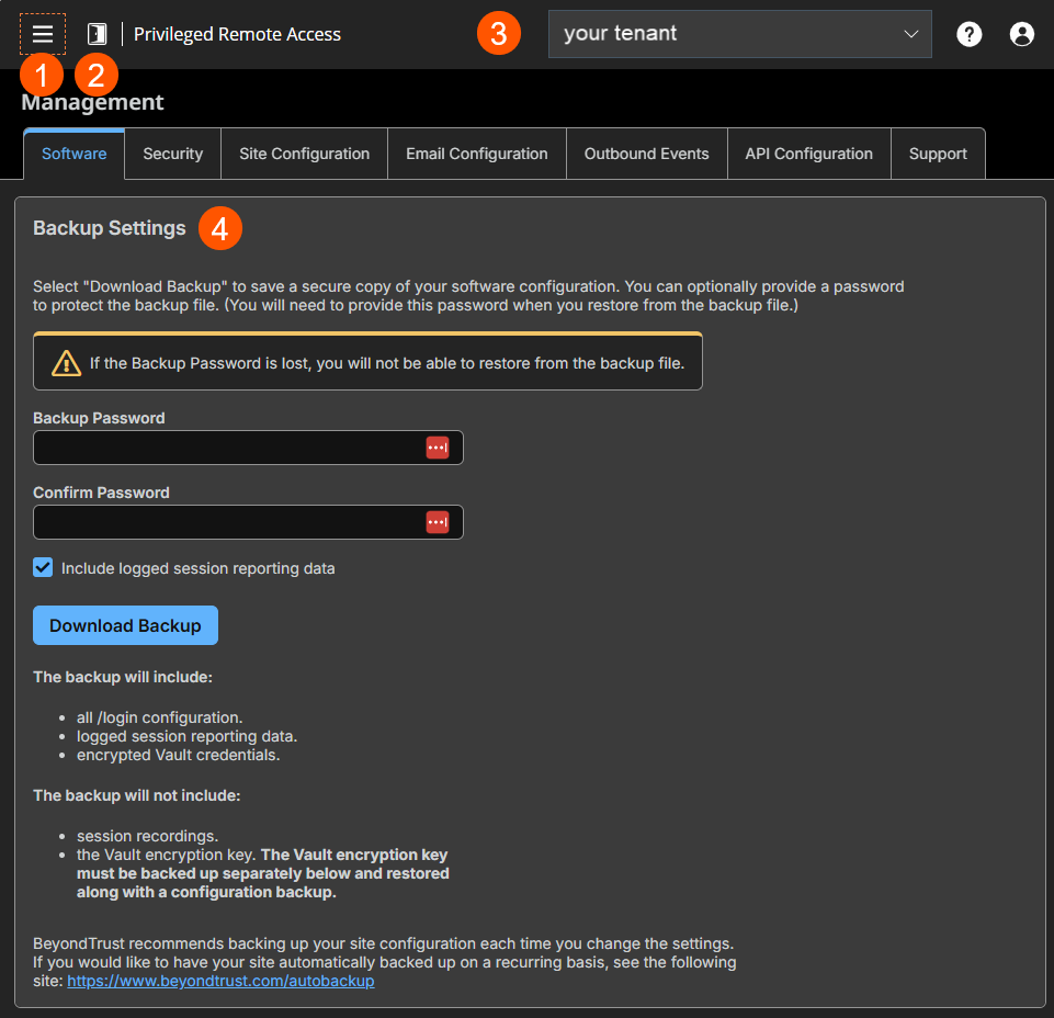An image of a "Backup Settings" interface from a BeyondTrust system. It includes input fields for setting and confirming a backup password, a checkbox to include logged session reporting data, and a "Download Backup" button. Informational text outlines what is included in the backup—such as login configuration, session reporting data, and encrypted Vault credentials—and what is excluded, including session recordings and the Vault encryption key, which must be backed up separately.