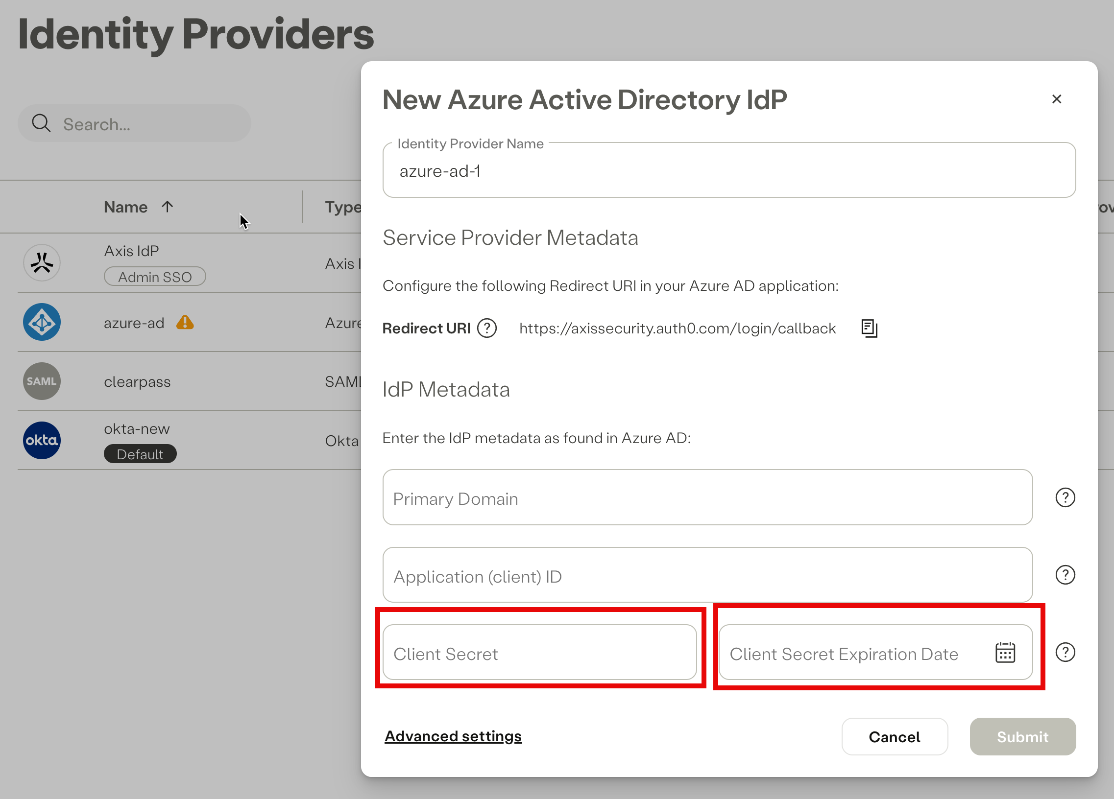 Pasting the **Client Secret Value** in the Azure IdP form in the **Axis Management Console**