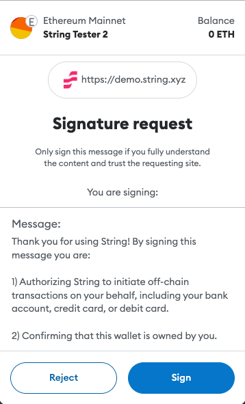 A Signature Payload sent to directly to a Player using Metamask.  
Signing this message creates a Player Identity with String, or logs-in a returning user.