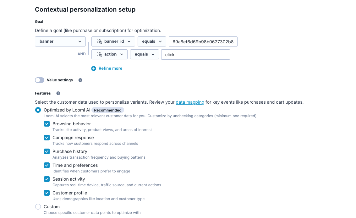 Contextual personalization setup showing goal set to banner click filtered by banner ID and action equals click. Setup shows also Optimized by Loomi AI selected with six active feature categories and Value settings toggle.