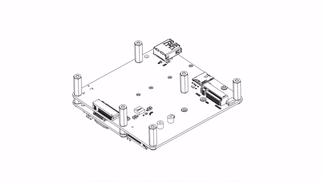 Underside of the Sixfab Edge AI Expansion Board with the LTE 5G modem in the CELLULAR LTE/5G slot, the NVMe SSD in the M.2-USB slot, and a nano SIM in the SIM slot