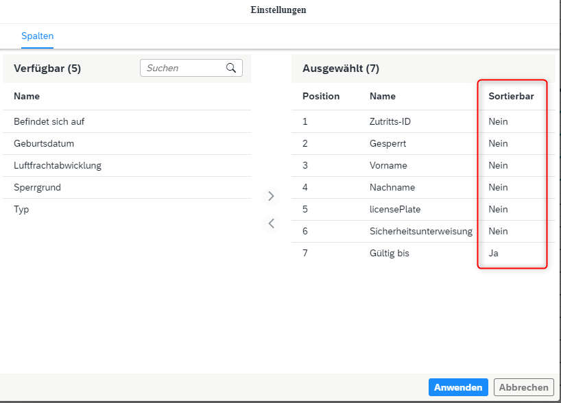 Beispielhafte Darstellung der Spalte "Sortierbar" im Arbeitsfenster Einstellungen