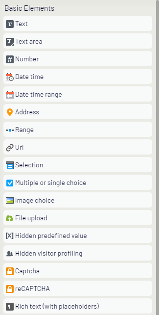 Screenshot of Basic form elements panel where available element types display