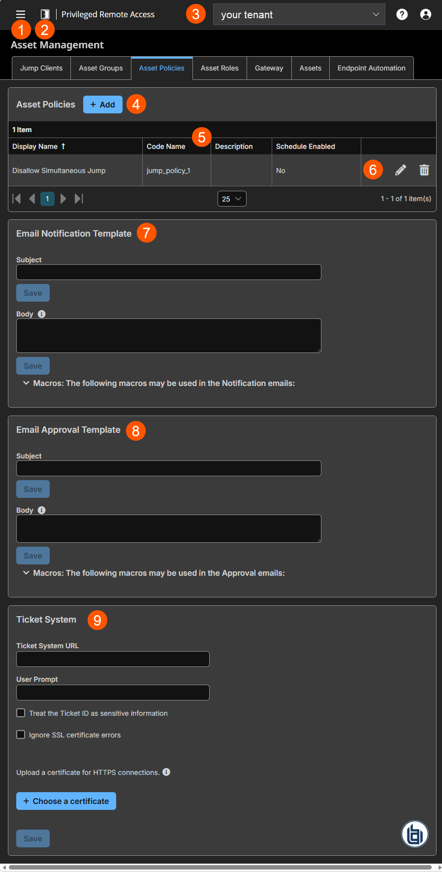 An image of the Asset Policies configuration page in a Privileged Remote Access system. It includes sections for managing Asset Policies, email notification templates, email approval templates, and ticket system settings