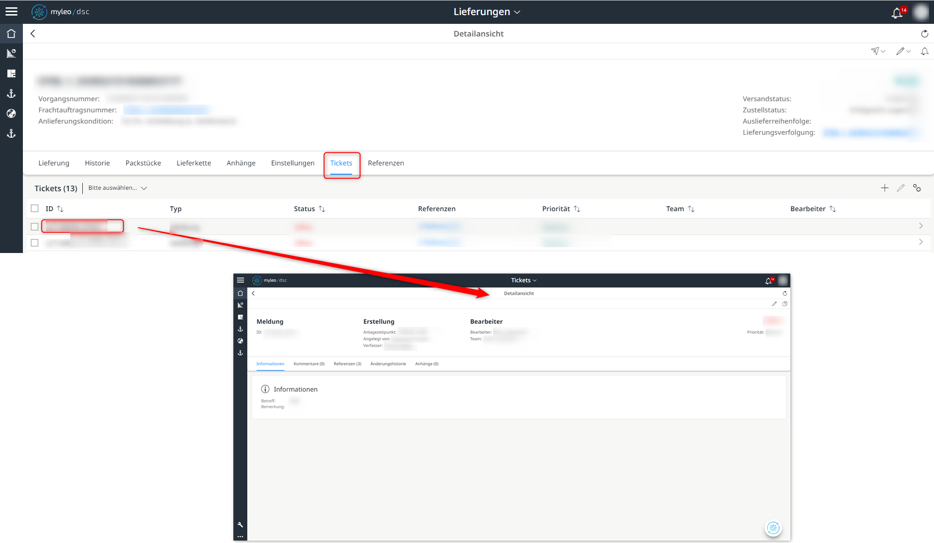 Abspringen in die Detailansicht des Tickets