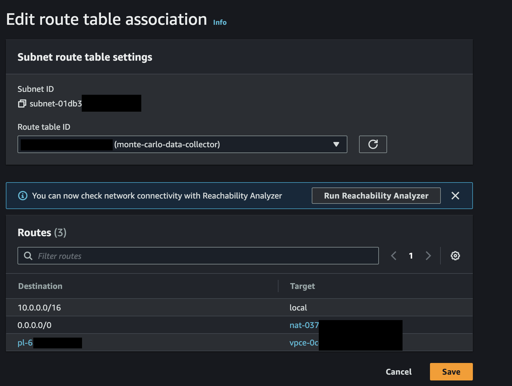 Example edit route table association console