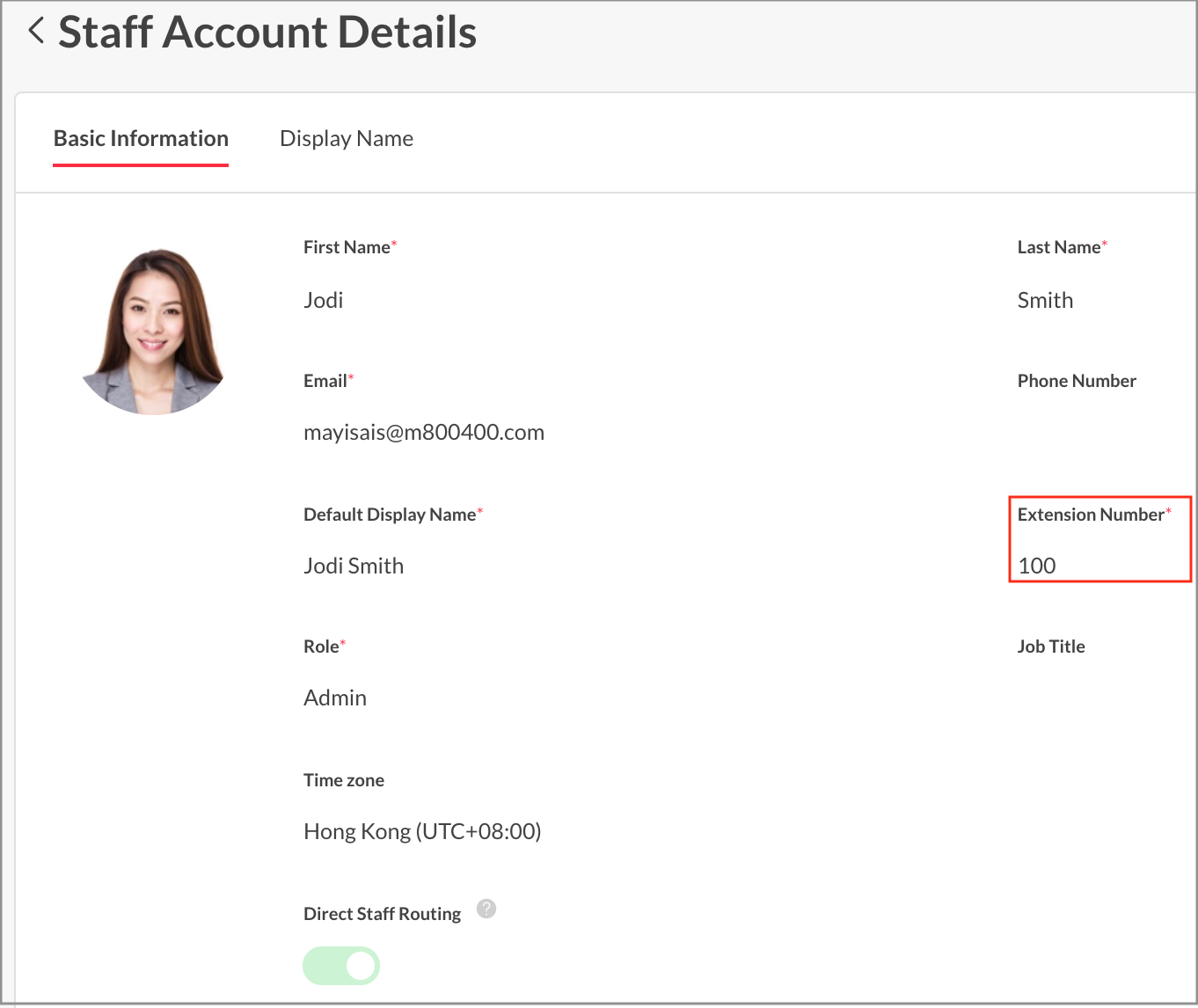 Extension Number in the Staff Account Details