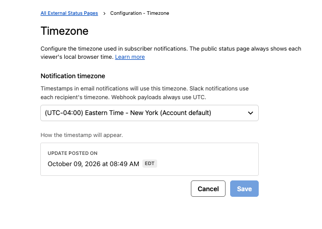 Interface to set the timezone for an external status page
