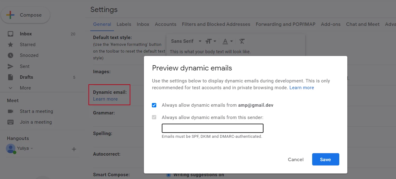 Allow dynamic content in Gmail settings