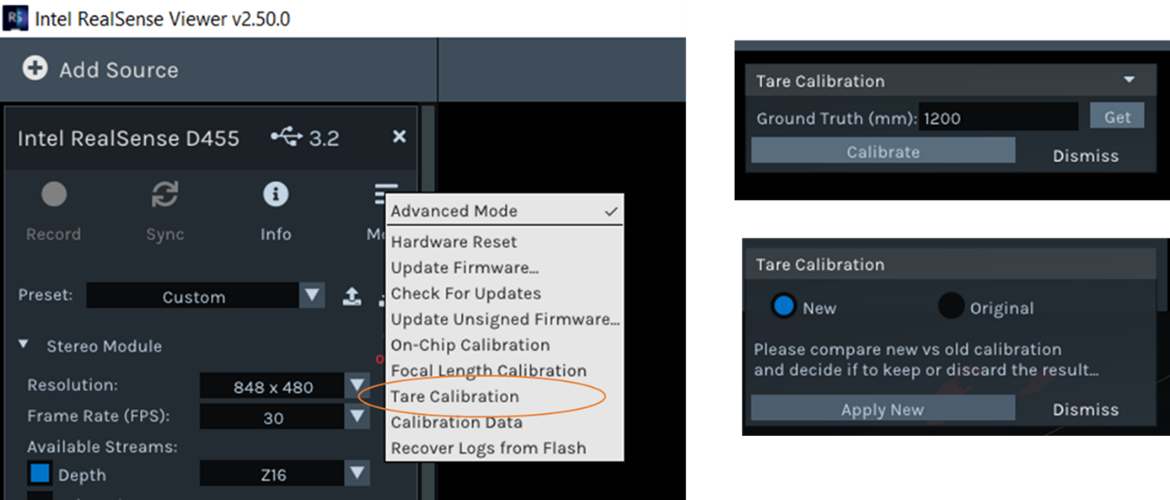 Figure 10. The tare functions can be accessed in the Intel RealSense Viewer app. A ground truth value needs to be entered, or use Get option which will be explained in next section.