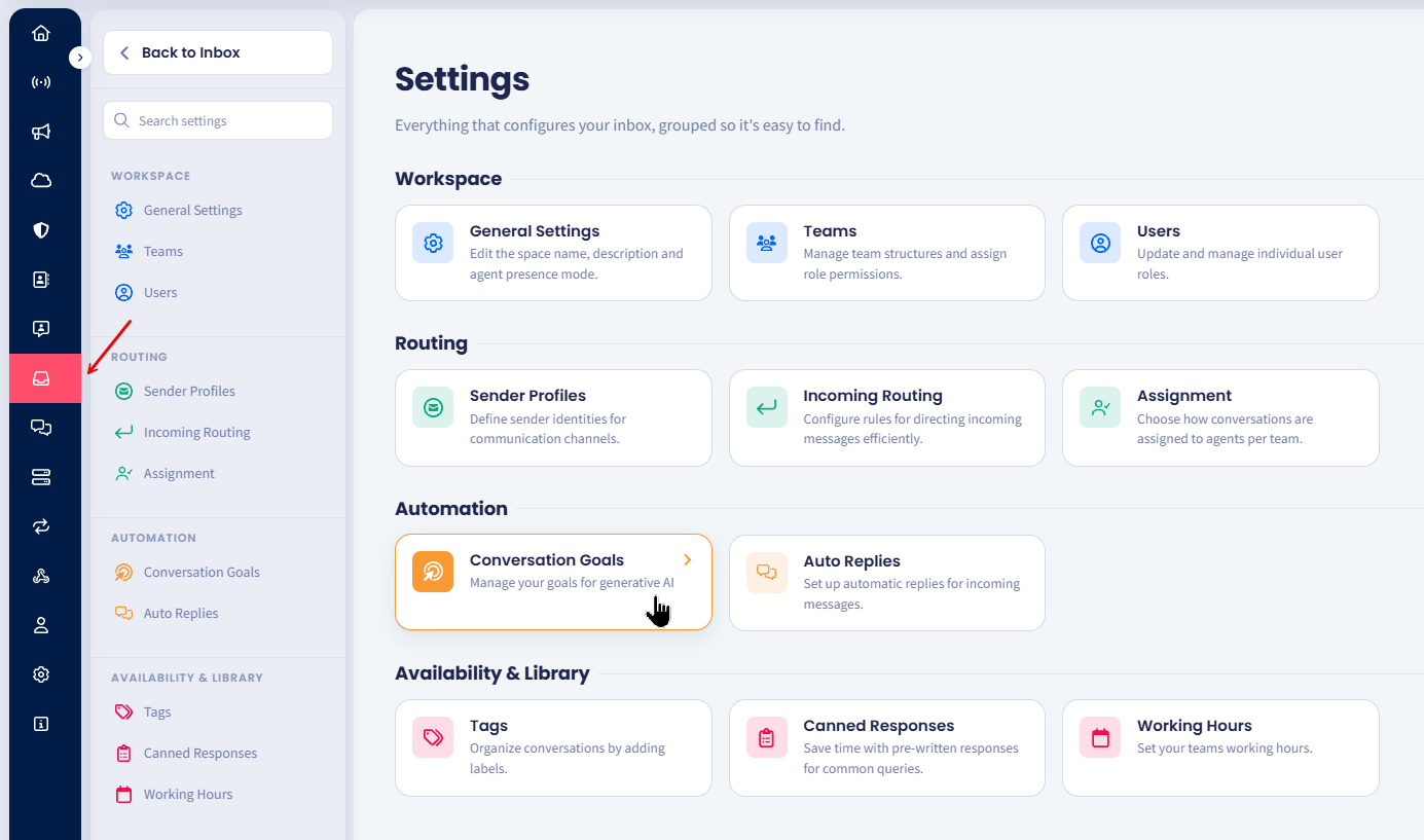 Screenshot of the Inbox Conversational Goals tab