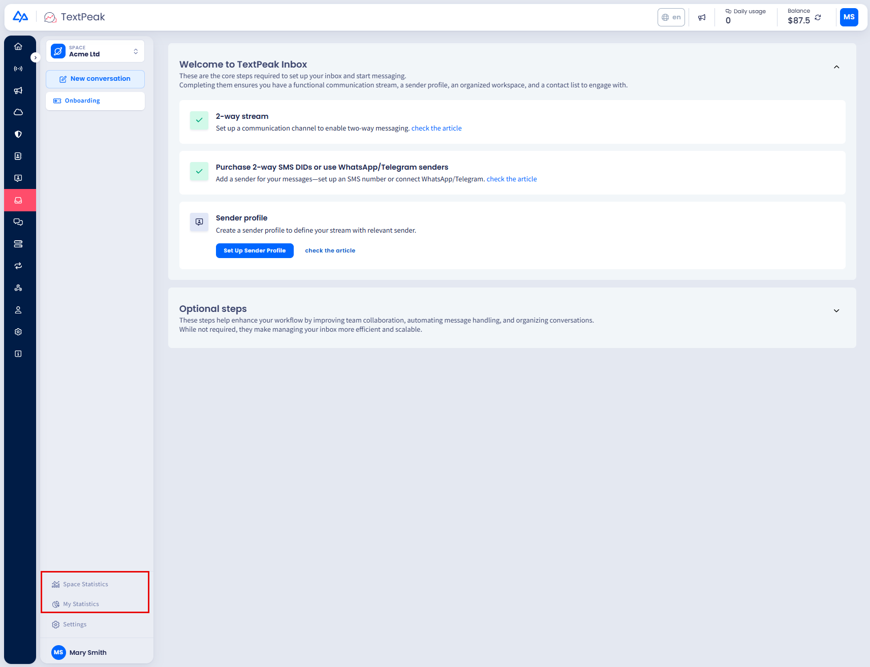 Screenshot of the Inbox Statistics pages