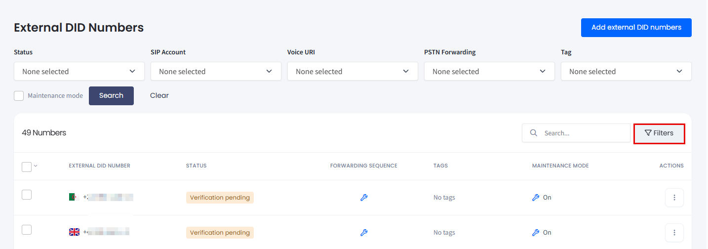Screenshot of the Filters panel showing Status, SIP Account, Voice URI, PSTN Forwarding, and Tag drop-down lists