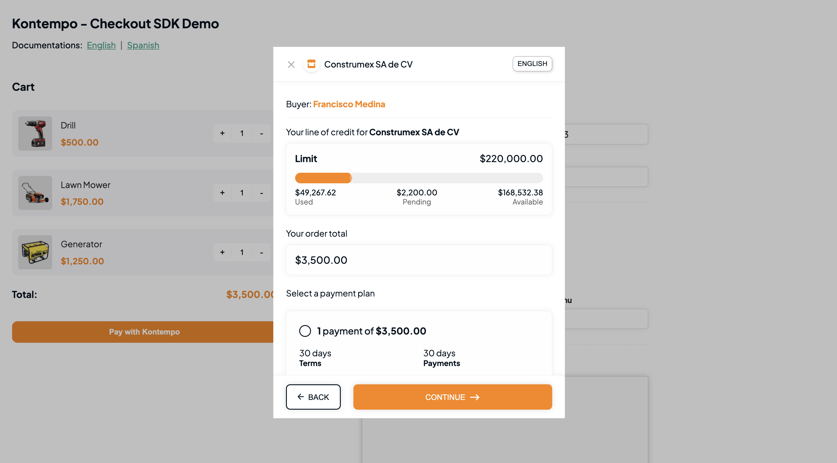 Kontempo-hosted checkout (modal visualization)